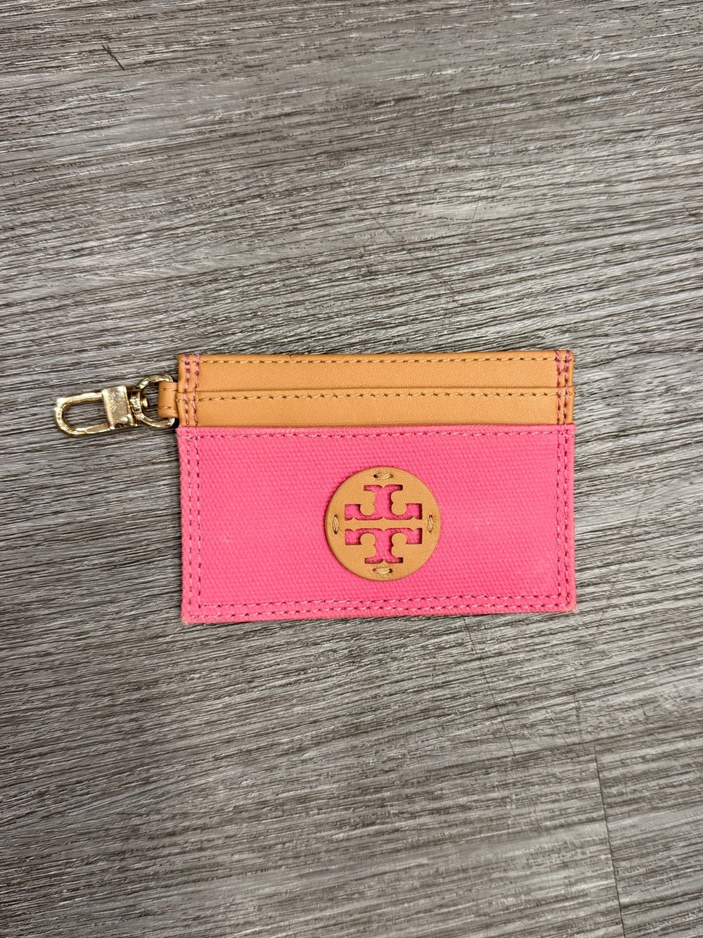 Tory Burch Pink and Tan Logo Card Case with Key Clip